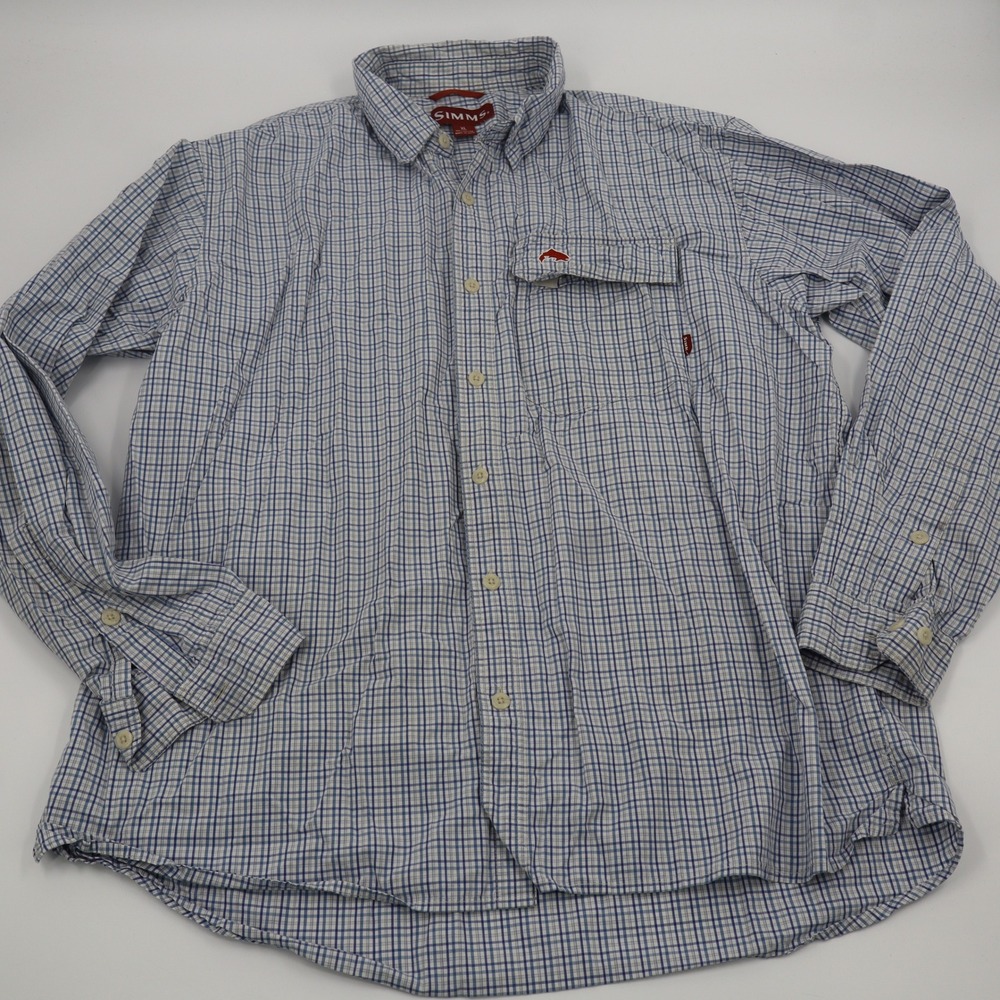 Simms Mens XL Blue‎ White Plaid Cotton Long Sleeve Fishing Button Down Shirt
